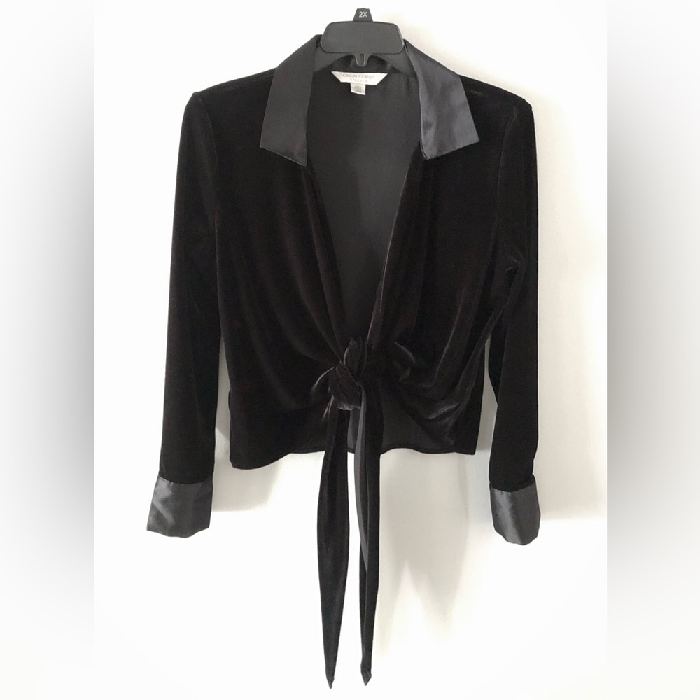 Velvet Tie-Front Blouse with Satin Trim Black Vintage Date Night Ballet Formal